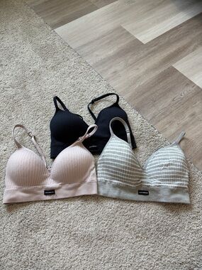 3-Pack Wireless Ribbed Bralette Set - Black, Blush, Stripe